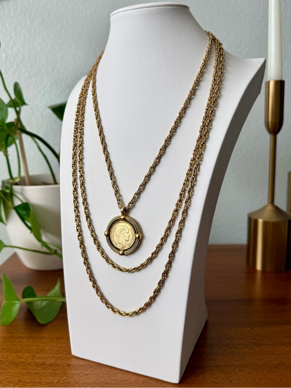 Vintage Goldtone 3 Strand French Coin Layered Necklace 60’s 70’s Matte Gold